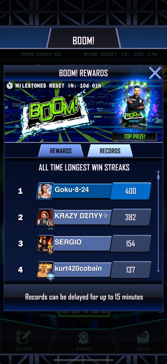 First To A BOOM! Streak Of 400 And Counting

Before Denyy Comes And Takes Back The Lead 😂
#WWESupercard