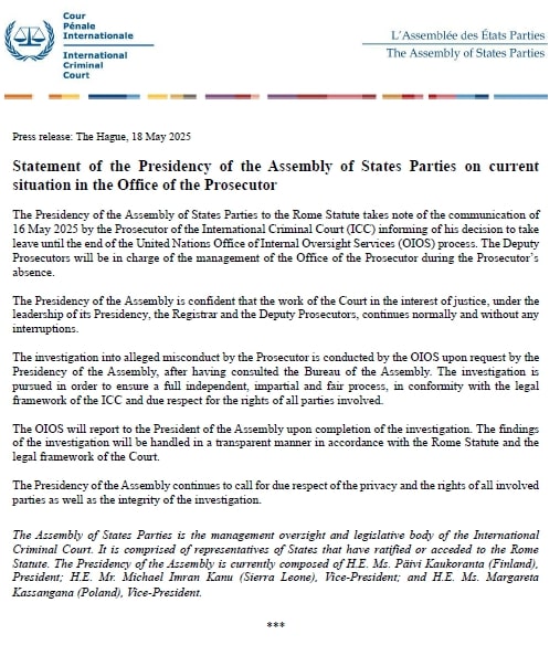 Statement by the Presidency of the Assembly of States Parties regarding the situation of the Office of the Prosecutor #RomeStatute #ICC #ASP