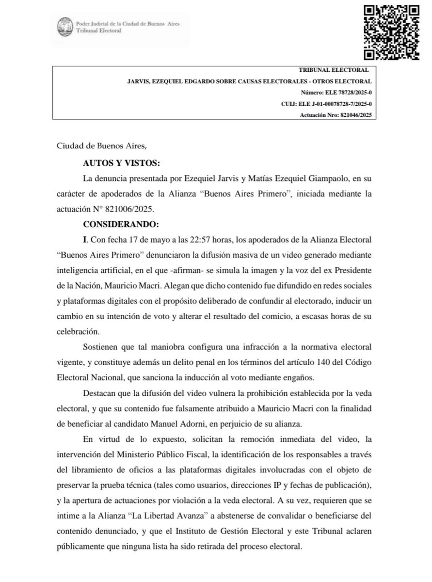 Deepfakes y proceso electoral (🇦🇷)

Frente al vídeo que anda por ahí (y que todos habrán visto), la justicia electoral de CABA toma medidas, le ordena a X bajarlo y adopta algunas otras disposiciones
Link al fallo en el último posteo
(igual queremos ver ese oficio a Twitter 😃)
