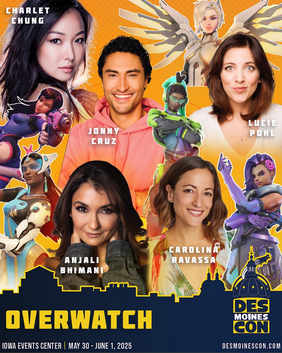 Ready, players? 🎮🕹️ The voices of your favorite Overwatch characters are coming to Des Moines Con next weekend! Don't miss your shot to meet D.Va (Charlet Chung), Mercy (Lucie Pohl), Symmetra (Anjali Bhimani), Lúcio (Jonny Cruz), and Sombra (Carolina Ravassa)!