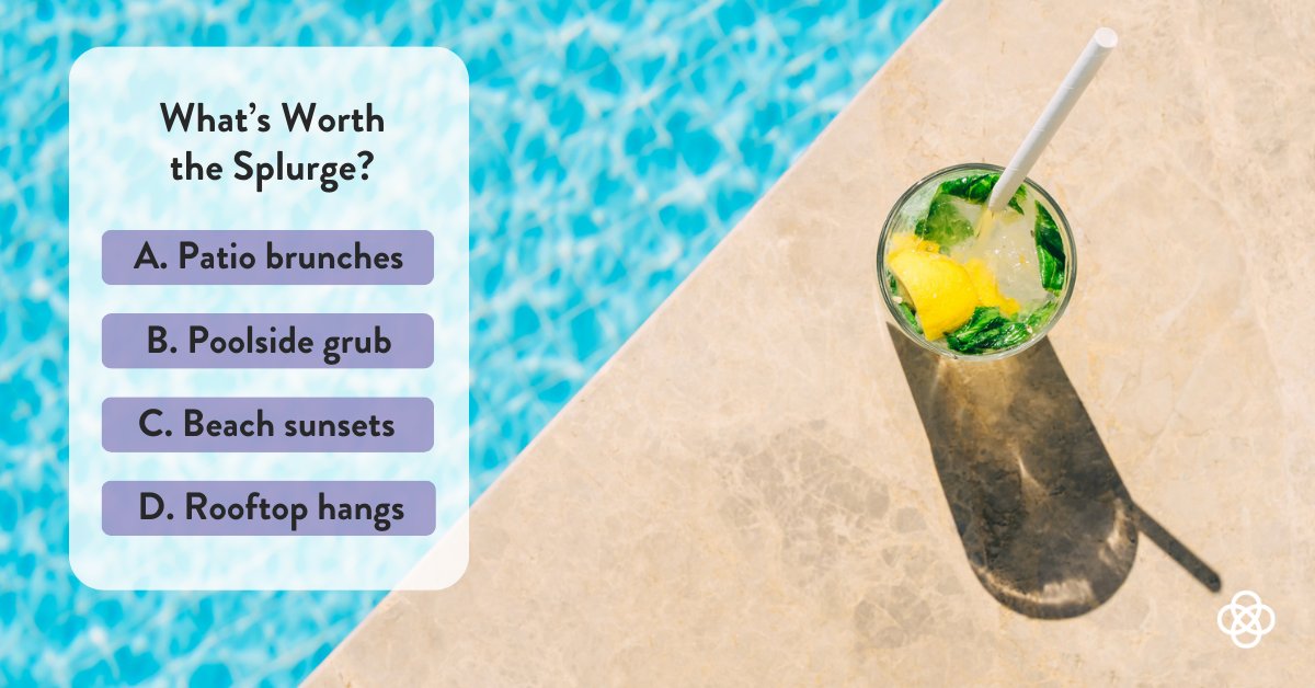 Ah, summer is on the way. Cue the experiences that make food and drinks somehow taste better. What’s worth the splurge?
A. Patio brunches
B. Poolside grub
C. Beach sunsets
D. Rooftop hangs