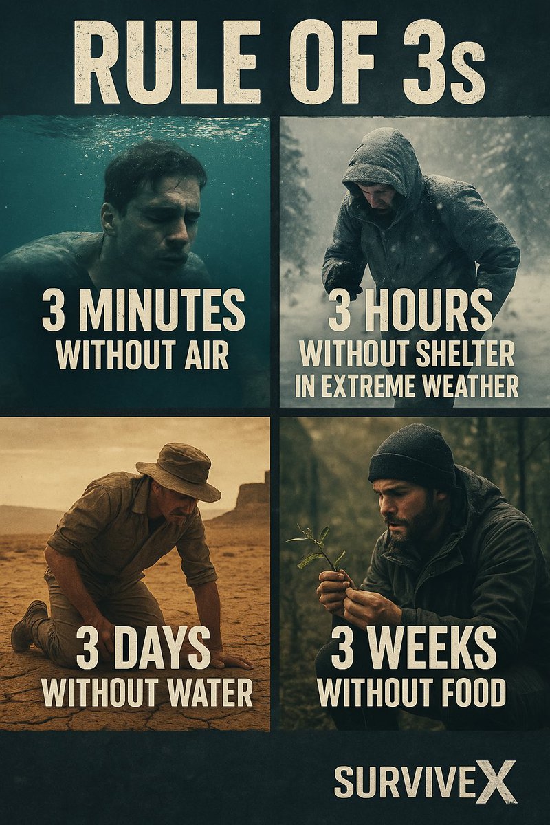 survivextra's tweet photo. You can survive 3 minutes without air, 3 hours without shelter in extreme weather, 3 days without water, and 3 weeks without food. Know the rule of 3s. Prioritize what matters when everything’s on the line. #SurviveX #SurvivalTips #PrepSmart https://t.co/XXo6ZsxjKB