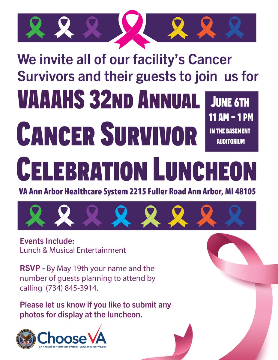 We invite all of our facilities Cancer Survivors to join us for the 32 Annual Cancer Survivor Celebration Luncheon Friday June 6th 11a.m. - 1p.m. In the Auditorium. 

Call (734)-845-3914 to RSVP by May 19th!