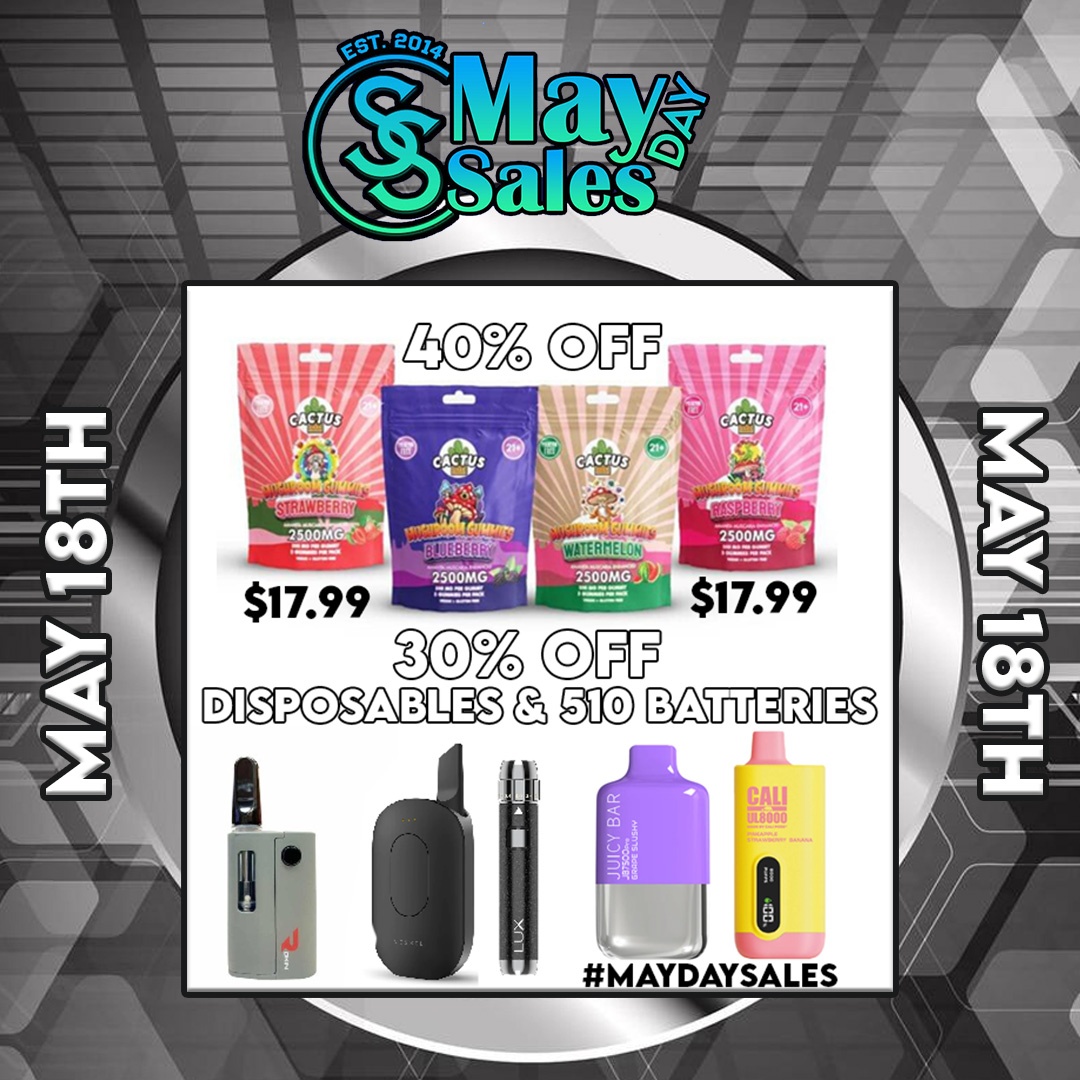 SmokeSpotCBD's tweet photo. Today all Disposables and 510 Batteries are 30% Off!  Cactus Mushroom Gummies are 40% off!  Check https://t.co/KDtLaw00kq to see all the #maydaysales this month!
.
.
.
.
.

#sales #vapesales #kratomsales #CBDsales #disposablevapesale # #vape #vapelife #vapenation #vapeporn https://t.co/Gx6yHYiMgo