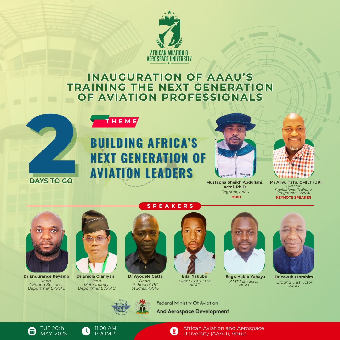 AfricanAA_Uni's tweet photo. The runway is set.
Are you set to takeoff with us at AAAU?
It’s 2 days to the Inauguration of AAAU’s Training The Next Generation of Aviation Professionals.
We can’t wait
#aaauabuja
#aviation
#aerospace
#NGAP https://t.co/HQklELpfMU