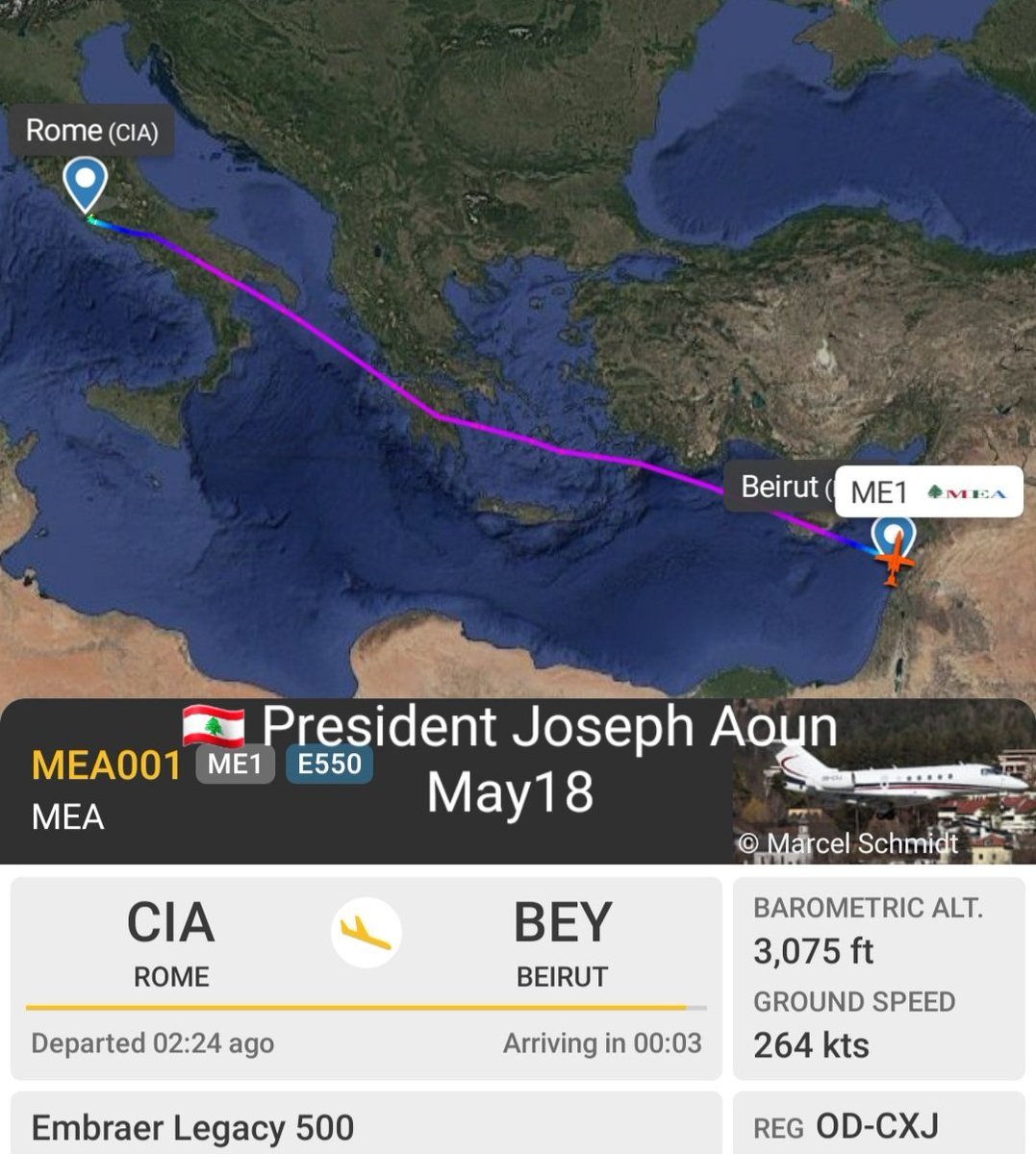 LebanonJets's tweet photo. President of Lebanon Joseph Aoun &amp; wife are back in Beirut from Rome(CIA) on @MEAAIRLIBAN CedarExecutive #ODCXJ as #ME1 #ME001 #CedarJet001 @LBpresidency https://t.co/CWWAyfy51g
