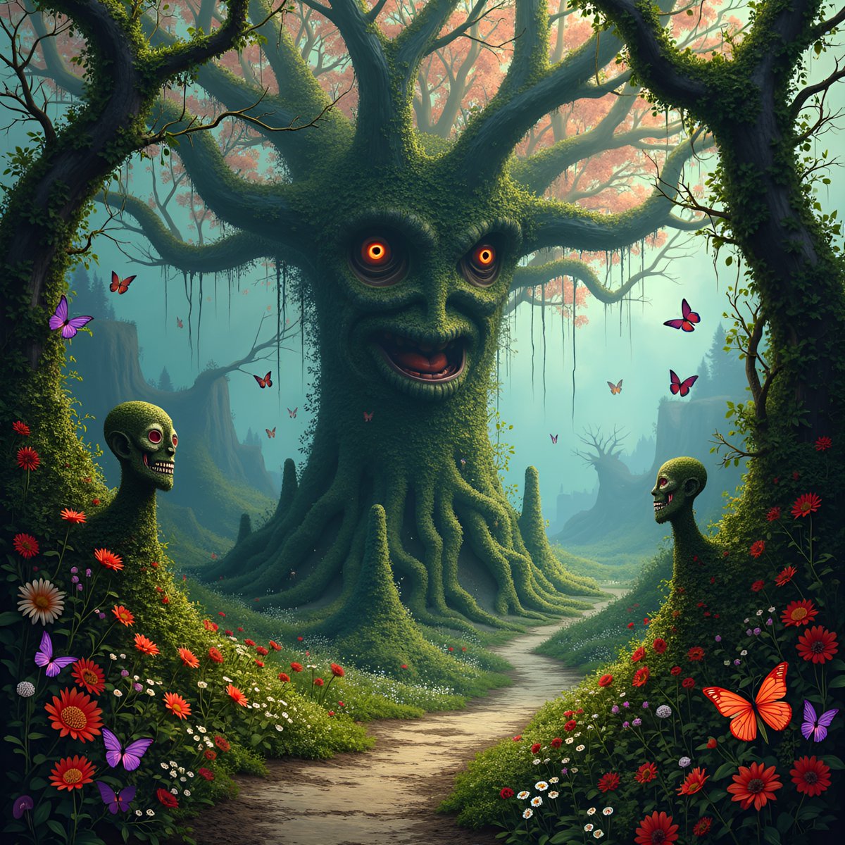PromptSin's tweet photo. Enchanted forest with a mystical, smiling tree and skeletons among colorful butterflies 🌸🦋 #MagicNature #MysticalForest https://t.co/1plbgC1bUM