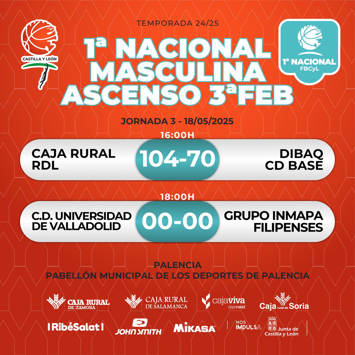 🏆F4 Primera Nacional Masculina ⛹️‍♂️ 1ª División | Resultados J3🏀

<a href="/CBReinodLeon/">Baloncesto Reino De Leon</a> 1️⃣0️⃣4️⃣ 🆚 7️⃣0️⃣ <a href="/cd_base/">Club Deportivo Baloncesto Segovia</a>
18:00H <a href="/UVaEBA/">basket_UVa</a> 🆚 <a href="/FilipensesBto/">💙 Filipenses Baloncesto 🏀 #SomosFilipenses 🏀</a>