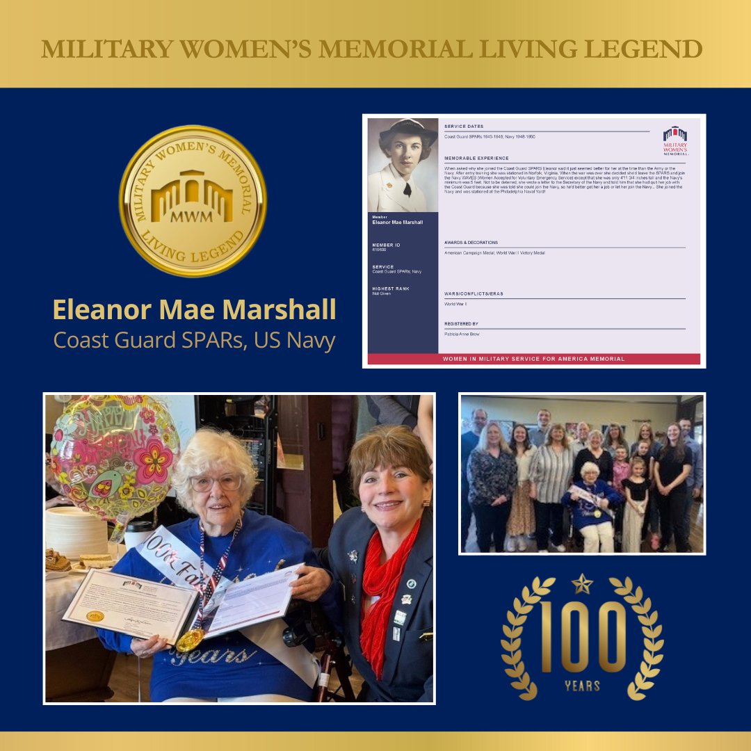 womensmemorial's tweet photo. It was our honor to recognize Eleanor Mae Marshall as a Military Women’s Memorial Living Legend in celebration of her 100th birthday. Eleanor proudly served in both the Coast Guard SPARs and the US Navy.

Thank you for your service, Eleanor.

#MWMLivingLegend #HerMemorial https://t.co/EfAwBwPkTX