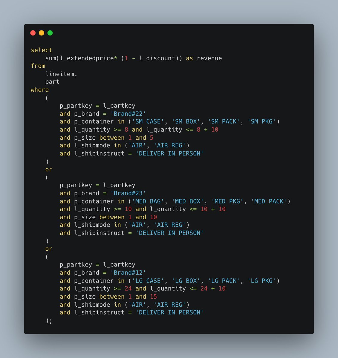 Building an SQL query optimizer is so fun. Here's what I worked on today: we are benchmarking Limbo against a set of queries from the TPC-H standard, and query number 19, pictured below, was taking forever. 🧵