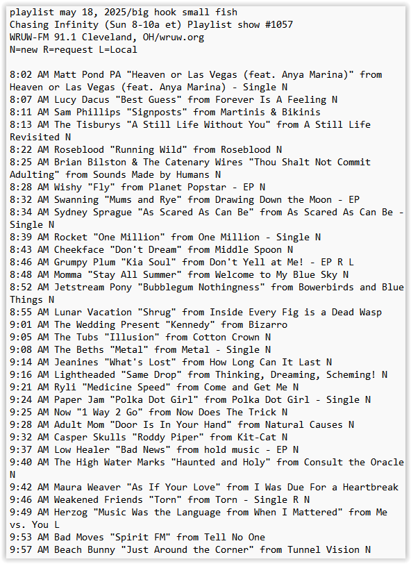 Ed Zeitz (@edzeitz) on Twitter photo my <a href="/WRUW/">WRUW-FM 91.1</a> playlist this am ft <a href="/mattpondpamusic/">Matt Pond PA</a> <a href="/lucydacus/">Lucy Dacus</a> <a href="/the_tisburys/">The Tisburys / new album out now</a> <a href="/SkepWax/">Skep Wax Records</a> <a href="/wishy_music_777/">Wishy</a> <a href="/cynthiaschemmer/">Cynthia Ann Schemmer</a> <a href="/sydneysprague/">Sydney Sprague</a> <a href="/cheekfaceREAL/">america's local band cheekface</a> <a href="/mommaband/">Mommaainthomeband</a> <a href="/jetstream_pony/">Jetstream Pony</a> <a href="/weddingpresent/">David Gedge</a> <a href="/_the_tubs_/">THE TUBS</a> <a href="/jeanines_nyc/">jeanines</a> <a href="/ymandtherumours/">Yea-Ming and The Rumours</a> <a href="/adultmomband/">stevie</a> <a href="/Casper_Skulls/">Casper Skulls</a> <a href="/dimwizzy/">Dim Wizard</a> + more my <a href="/WRUW/">WRUW-FM 91.1</a> playlist this am ft <a href="/mattpondpamusic/">Matt Pond PA</a> <a href="/lucydacus/">Lucy Dacus</a> <a href="/the_tisburys/">The Tisburys / new album out now</a> <a href="/SkepWax/">Skep Wax Records</a> <a href="/wishy_music_777/">Wishy</a> <a href="/cynthiaschemmer/">Cynthia Ann Schemmer</a> <a href="/sydneysprague/">Sydney Sprague</a> <a href="/cheekfaceREAL/">america's local band cheekface</a> <a href="/mommaband/">Mommaainthomeband</a> <a href="/jetstream_pony/">Jetstream Pony</a> <a href="/weddingpresent/">David Gedge</a> <a href="/_the_tubs_/">THE TUBS</a> <a href="/jeanines_nyc/">jeanines</a> <a href="/ymandtherumours/">Yea-Ming and The Rumours</a> <a href="/adultmomband/">stevie</a> <a href="/Casper_Skulls/">Casper Skulls</a> <a href="/dimwizzy/">Dim Wizard</a> + more
