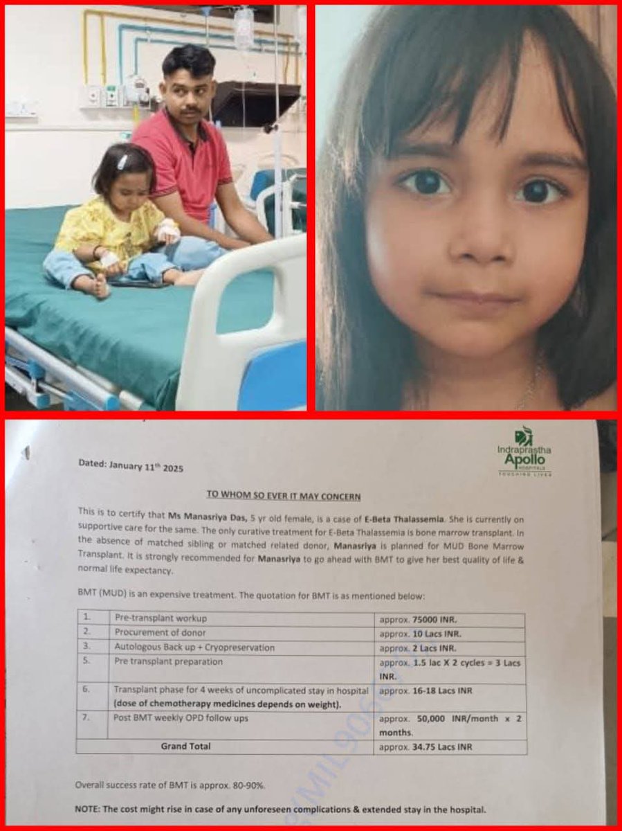 RdDasLogical's tweet photo. 🙏🙏বিনম্র অনুরোধ 🙏🙏
আমার মেয়ে Manasriya das.  thalassemia রোগ এ আক্রান্ত । ডাক্তার জানিয়েছে খুব দ্রুত bone marrow transplant না করালে পরিস্থিতি আরো খারাপ হয়ে উঠবে। এই bone marrow transplant এর খরচ প্রায় 34,75,000/- টাকা যা আমার পক্ষে বহন করা সম্ভব হয়ে উঠছেনা। @RahulGandhi https://t.co/DixngZC7Hi