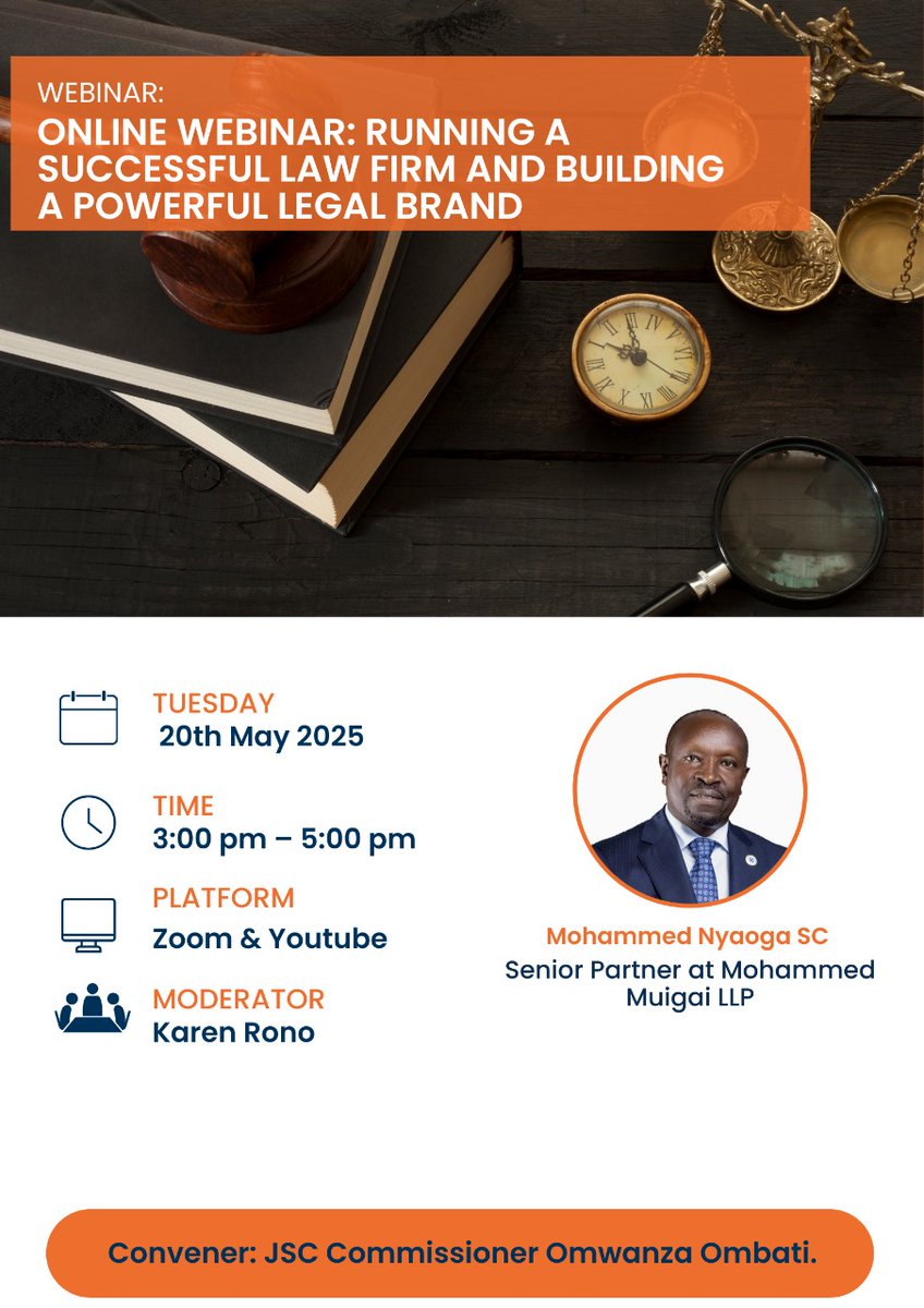 omwanza's tweet photo. *Build. Brand. Lead: Your Law Firm, Reimagined!*

*OMWANZA LAW SERIES 9:*

Join us for an exclusive webinar on *“Running a Successful Law Firm and Building a Powerful Legal Brand”

Register here: https://t.co/YKdT6cZZZe

Don’t miss out. Mark your calendar! https://t.co/qe7dZUuVEr