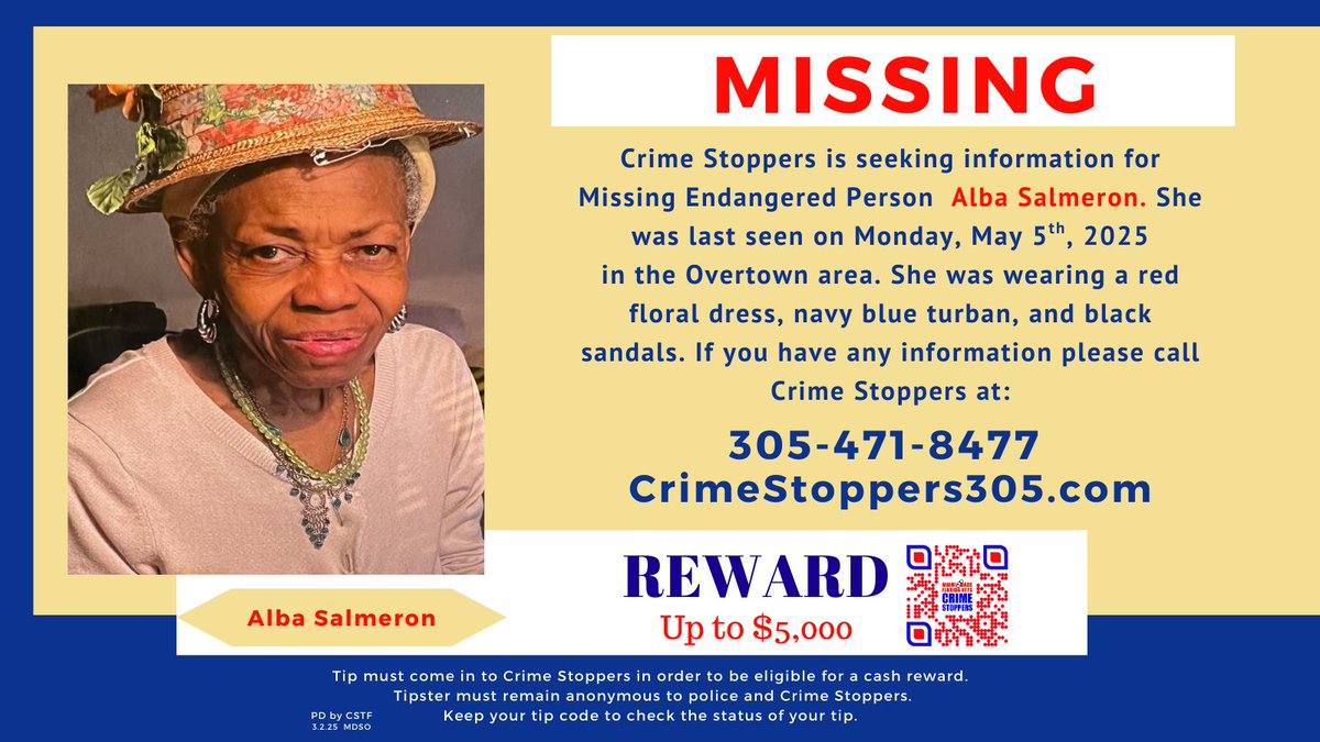 The City of Miami Police Department Special Victims Unit is asking for assistance in locating missing person. If you have any information, please reach out to Crime Stoppers.
Stay anonymous – no names, no tracking, just your information!
📷 Call: 305-471-TIPS (8477)
📷 Submit a