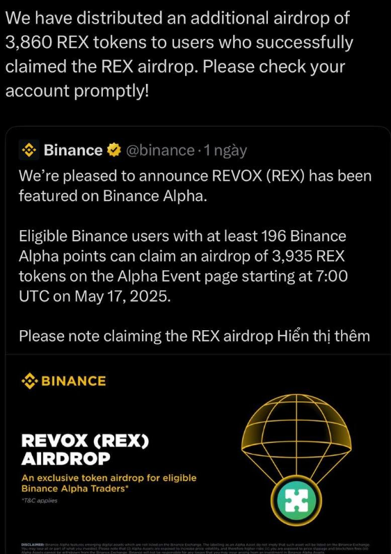 PariXbtc's tweet photo. The Revox airdrop is happening NOW!
Have 196+ Alpha Points? You're eligible to claim a share of 1,393,598 $REX tokens. 🎯🪙

🔗 Check status & claim $REX : https://t.co/vyERubcGzK

⏳ Only ~7,500 wallets qualify — don’t miss your window!
Even with 190 points, there’s still hope for future rounds.

#REX #REVOX