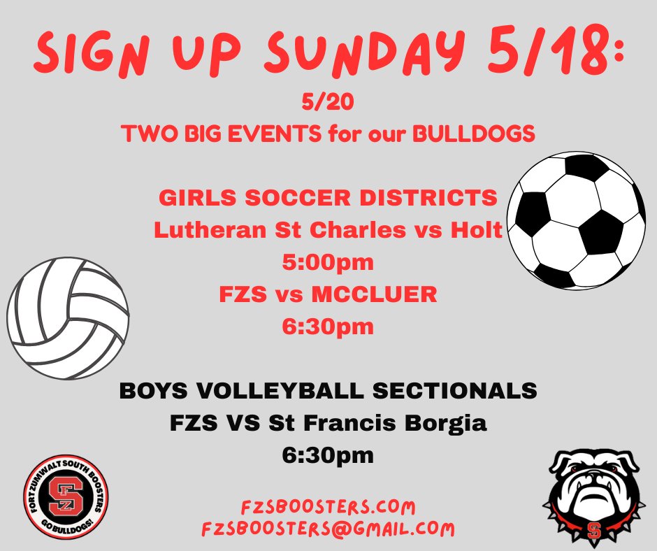 FZS BOOSTERS (@fzsboosters) on Twitter photo Let's Go Bulldogs! We are hosting 2 events this week, and we need volunteers to help run 2 concession stands! Let's go out with a big effort this year! Link to sign on: fzsboosters.boosterhub.com/calendar/1516
<a href="/ZumSouth/">Bulldogs</a> <a href="/FZS_Soccer/">FZS Girls Soccer</a> <a href="/FZS_Football/">Fort Zumwalt South Bulldog Football</a> <a href="/CheerFz/">FZSouthCheer</a> <a href="/FZSVDT/">FZS Redline</a> <a href="/FzsJVRedline/">FZS JV Redline</a> <a href="/FZSFTBALLCLUB/">BulldogFootballFam</a> Let's Go Bulldogs! We are hosting 2 events this week, and we need volunteers to help run 2 concession stands! Let's go out with a big effort this year! Link to sign on: fzsboosters.boosterhub.com/calendar/1516
<a href="/ZumSouth/">Bulldogs</a> <a href="/FZS_Soccer/">FZS Girls Soccer</a> <a href="/FZS_Football/">Fort Zumwalt South Bulldog Football</a> <a href="/CheerFz/">FZSouthCheer</a> <a href="/FZSVDT/">FZS Redline</a> <a href="/FzsJVRedline/">FZS JV Redline</a> <a href="/FZSFTBALLCLUB/">BulldogFootballFam</a>