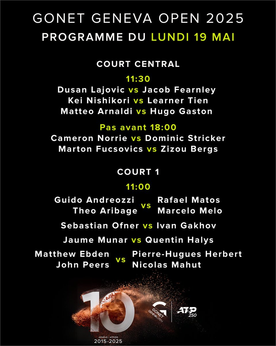𝐏𝐫𝐨𝐠𝐫𝐚𝐦𝐦𝐞 𝐝𝐞 𝐝𝐞𝐦𝐚𝐢𝐧 🔥🎾

#gonetgenevaopen #atpgva #orderofplay #programmedujour #atp #tennistv #atptour #geneva #geneve #suisse #switzerland #genevaevent #tennis #welovetennis #tennislove #tennisfan #tennislife #tennistime
