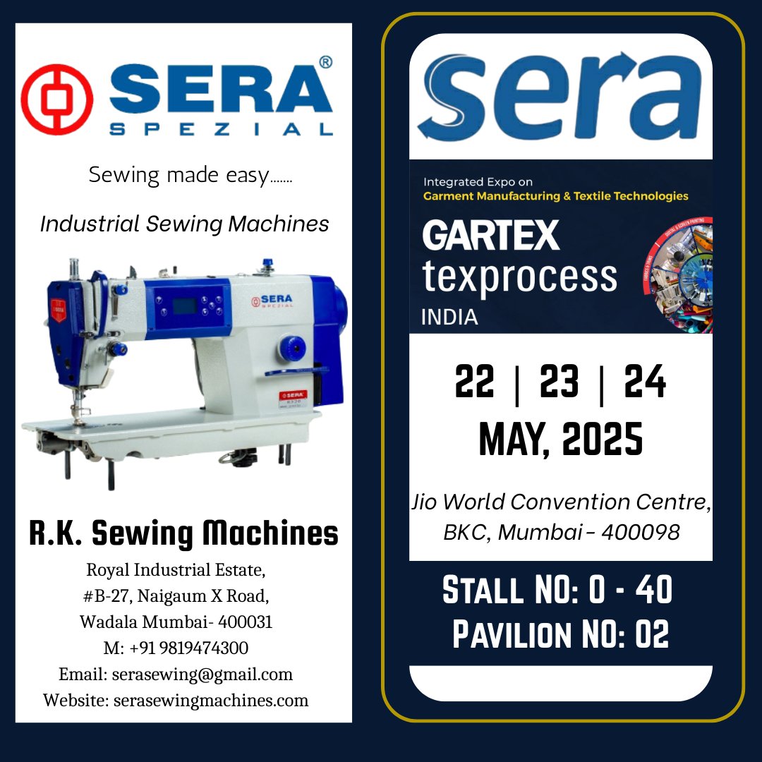 serasewing's tweet image. Catch us at Gartex Texprocess India 2025!
🔹 SERA Spezial Industrial Sewing Machines
📍 Stall 0-40, Pavilion 02
📅 May 22–24 | Jio World Convention Centre, Mumbai
Experience live demos &amp;amp; smart sewing tech!

#Gartex2025 #SERA #TextileMachinery #MakeInIndia
