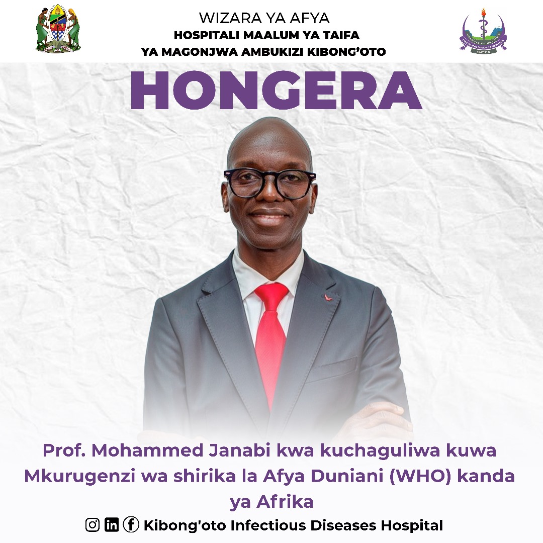 Kibong'oto Infectious Diseases Hospital (@otokibong) on Twitter photo Hospitali Maalum ya Taifa ya Magonjwa Ambukizi Kibong'oto inakupongeza <a href="/ProfJanabi/">Prof. Mohamed Janabi</a> kwa Kuchaguliwa Mkurugenzi wa Shirika la Afya Duniani kanda ya Afrika
@ikulu_mawasiliano
<a href="/wizara_afyatz/">Wizara ya Afya Tanzania ๐น๐ฟ</a>
@zanzibarafyaweek Hospitali Maalum ya Taifa ya Magonjwa Ambukizi Kibong'oto inakupongeza <a href="/ProfJanabi/">Prof. Mohamed Janabi</a> kwa Kuchaguliwa Mkurugenzi wa Shirika la Afya Duniani kanda ya Afrika
@ikulu_mawasiliano
<a href="/wizara_afyatz/">Wizara ya Afya Tanzania ๐น๐ฟ</a>
@zanzibarafyaweek