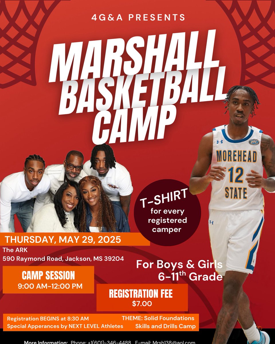 Join us for the first annual Marshall's Basketball Camp, happening from 9 AM to 12 PM — open to all 6th-11th graders! Admission is just $7, and every registered camper gets a free T-shirt. Don't miss out on a great day of skills, drills, and fun. Call (601) 346-4488 for more info