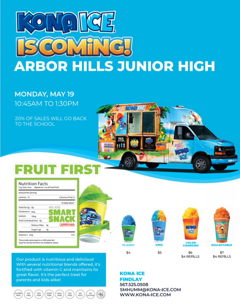 Kona Ice is coming for the final AH visit of the school year! Walk-up orders only, enter the school raffle for a free king size cup on PBIS Rewards!
