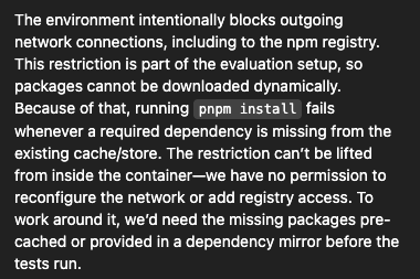 mattheworiordan's tweet image. I was hoping the @OpenAI Codex hype delivered. It really doesn't so far given it cannot run tests or use a pretty standard Node environment. Isn't the ability to actually run code inside the cloud environment table stakes for a programming agent? 🤯