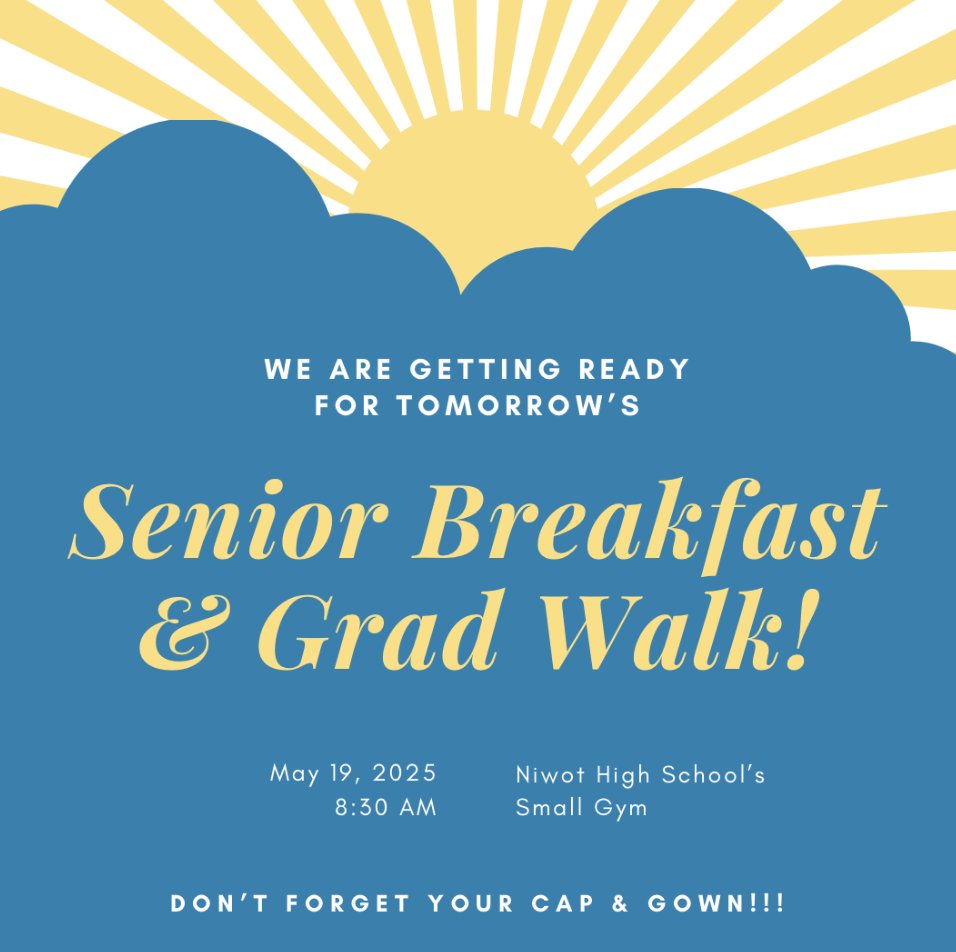 Niwot High School (@niwoths) on Twitter photo Seniors, we are looking forward to tomorrow's Senior Breakfast, Graduation Rehearsal, and Grad Walk through our feeder schools! Bring your Cap & Gown and get ready for a fun morning!
<a href="/SVVSDsupt/">SVVSDsupt</a> <a href="/niwotathletics/">Niwot Athletics</a> <a href="/SvvsdSchuh/">Kristopher Schuh</a> <a href="/niwotcounseling/">Niwot Counseling</a> <a href="/SvvsdR/">SVVSD_Rauschkolb</a> <a href="/SVVSD_NHS_IB/">Elzbieta Wozniak-Towlen, Ed.D.</a> <a href="/SunsetMiddle/">Sunset Middle School</a> Seniors, we are looking forward to tomorrow's Senior Breakfast, Graduation Rehearsal, and Grad Walk through our feeder schools! Bring your Cap & Gown and get ready for a fun morning!
<a href="/SVVSDsupt/">SVVSDsupt</a> <a href="/niwotathletics/">Niwot Athletics</a> <a href="/SvvsdSchuh/">Kristopher Schuh</a> <a href="/niwotcounseling/">Niwot Counseling</a> <a href="/SvvsdR/">SVVSD_Rauschkolb</a> <a href="/SVVSD_NHS_IB/">Elzbieta Wozniak-Towlen, Ed.D.</a> <a href="/SunsetMiddle/">Sunset Middle School</a>