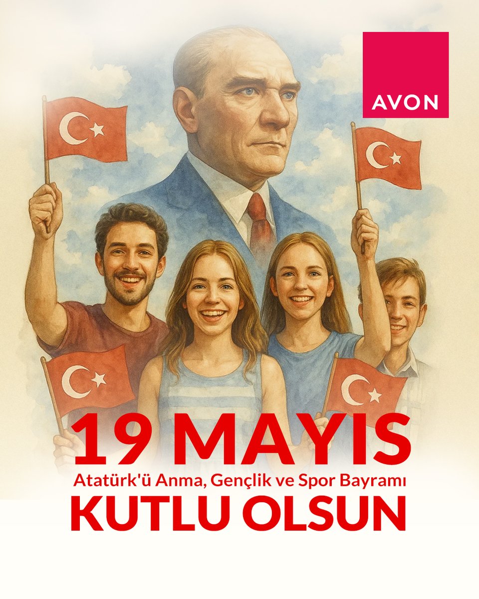 Cumhuriyetimizin kurucusu Atatürk ve silah arkadaşlarını saygı ve minnetle anıyor; gençliğe armağan edilen bu anlamlı günü gururla kutluyoruz.

19 Mayıs Atatürk’ü Anma, Gençlik ve Spor Bayramı kutlu
 olsun.
#AvonTürkiye #genclikvesporbayramimizkutluolsun