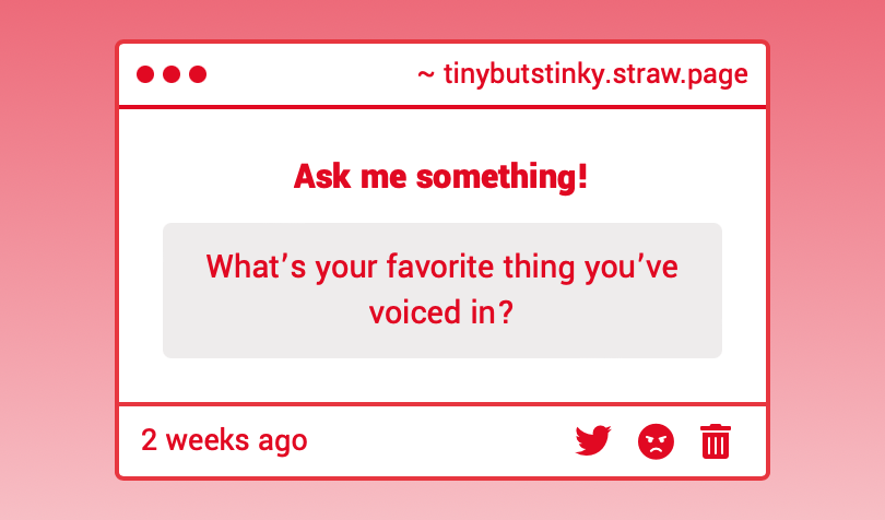 1 pic. Q: "What’s your favorite thing you’ve voiced in?" A: These are probably my all-time favorites that I have voiced for! https://t.co/uXT1KYnZDs https://t.co/IHt0rWhq73