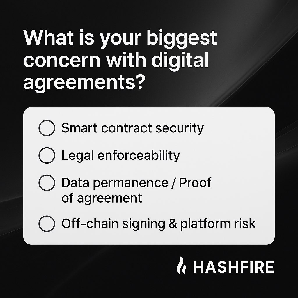 vernedra's tweet photo. DeFi fam, what’s your biggest concern with digital agreements?
Traditional esign tools don’t cut it in Web3.

At https://t.co/KlxrHW2i53, we’re building bulletproof, blockchain-backed digital agreements for DeFi fully compliant, but we want to hear from the community.
💬Thoughts? https://t.co/5BsSZJuZ0C