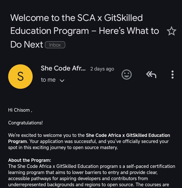 ChisomEmmanuel_'s tweet photo. I got accepted into the SCA × GitSkilled Education Program. I will be sharing my milestone for the next five days.
#SCAscholar #SCA #Git https://t.co/g4ulCEYFeE