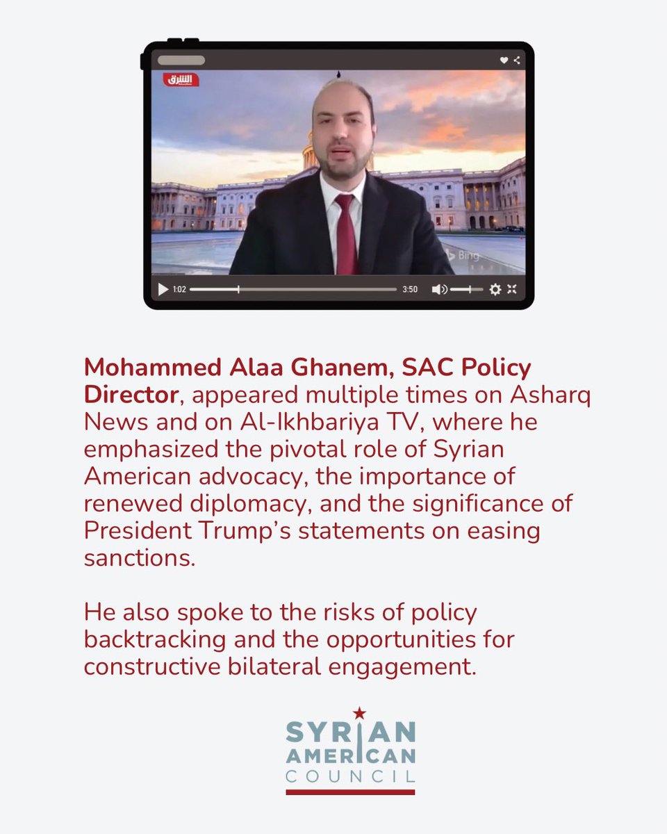 sa_council's tweet photo. A pivotal moment for #Syria.🇸🇾
SAC is on the media frontlines—breaking down what shifting U.S. sanctions mean for Syrians and why it matters.
This advocacy is critical—and only possible because of you.✌🏻🎥
Support our work: https://t.co/98a6PXDmJ1
#SyrianVoices #SyriaPolicy https://t.co/335EDJZ16n