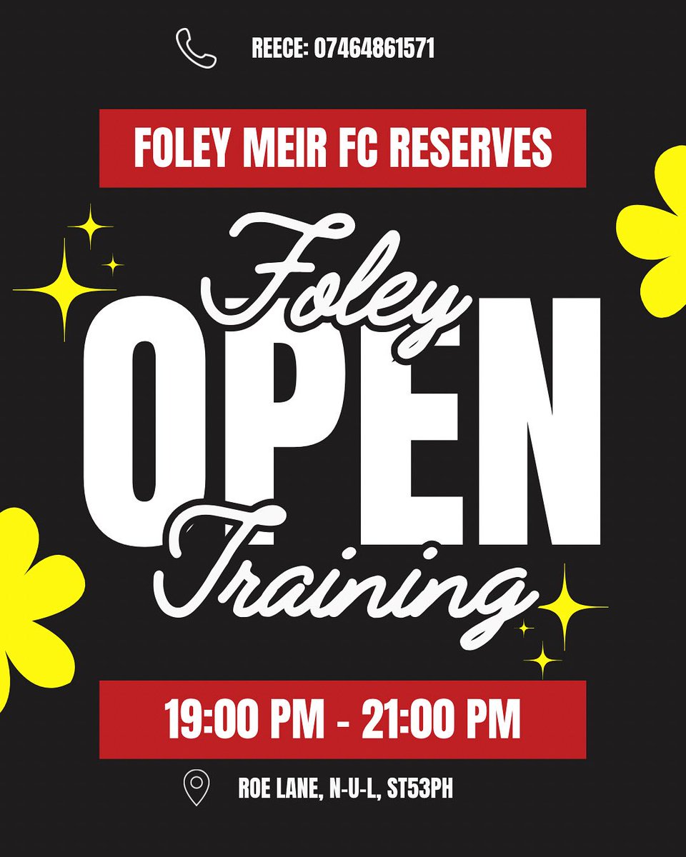 📣 OPEN TRAINING ALERT
Foley Meir FC Reserves are hosting an open training session! ⚽🔥
🗓️ 10th June 2025
⏰ 7PM - 9PM
📍 Roe Lane, Newcastle Under Lyme, ST53PH

Come down and show us what you’ve got! 💪
📞 Contact Reece: 07464861571