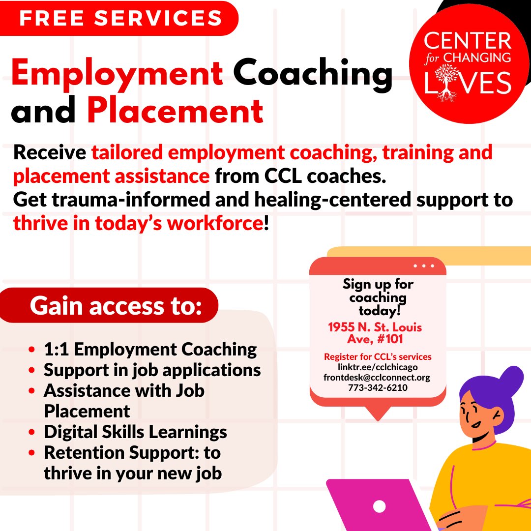 Looking for your next job? 💼
CCL offers 1:1 employment coaching, job apps &amp; placement help, digital skills training, &amp; trauma-informed support to help you thrive! 💪💻🙌

Let’s build your future—together.
#JobReady #HealingCentered #CCL #WorkforceSupport