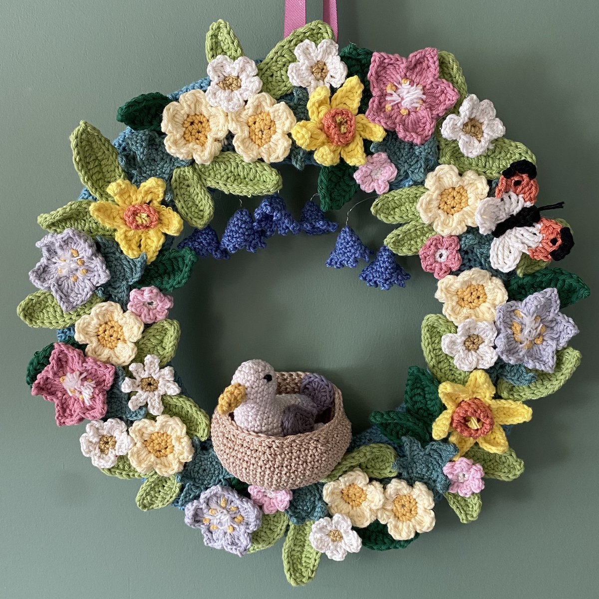 One completed springtime wreath. Everything is crocheted. R asked for a seagull when I’d done the nest, purely because it made him laugh. There’s also some eggs in the nest.