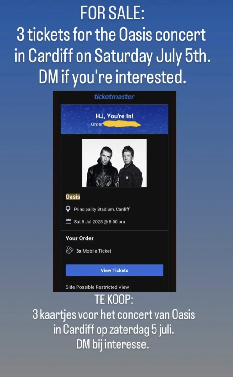 hajepe80's tweet photo. FOR SALE: 3 tickets for Oasis in Cardiff on July 5th.  We cannot attend anymore. Send me a DM if you're interested. #oasis #cardiff #forsale #theverve https://t.co/cyQG28LABV