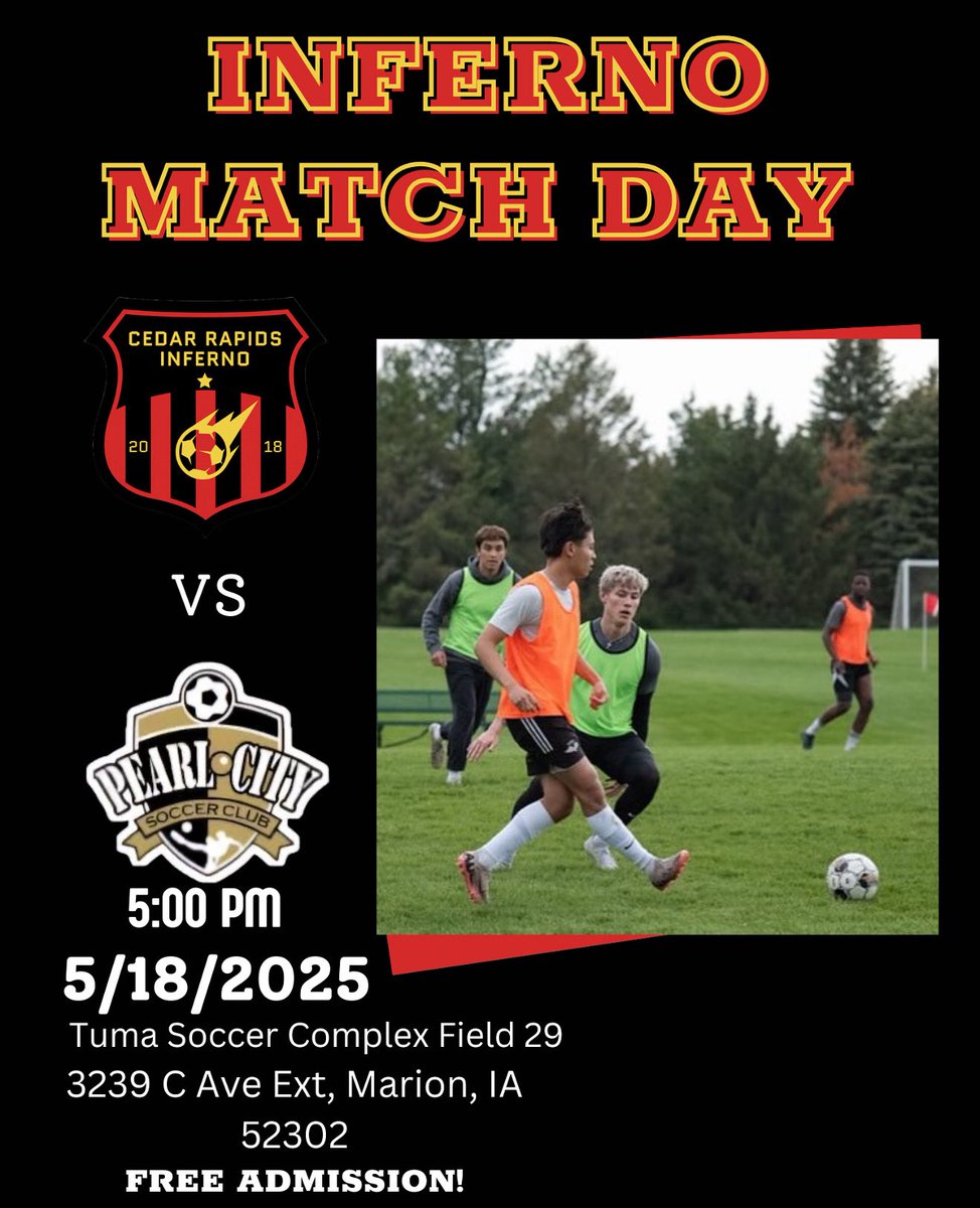 🚨 GAME DAY! 🚨

Watch the game on YouTube 📺 
 @ CedarRapidsInfernoSocer
