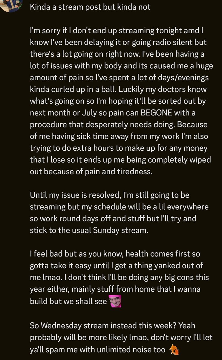 Lil update with streams

TLDR: still streaming but things might be a lil everywhere until I get a procedure done in June/July 

Mat stream on Wednesday evening