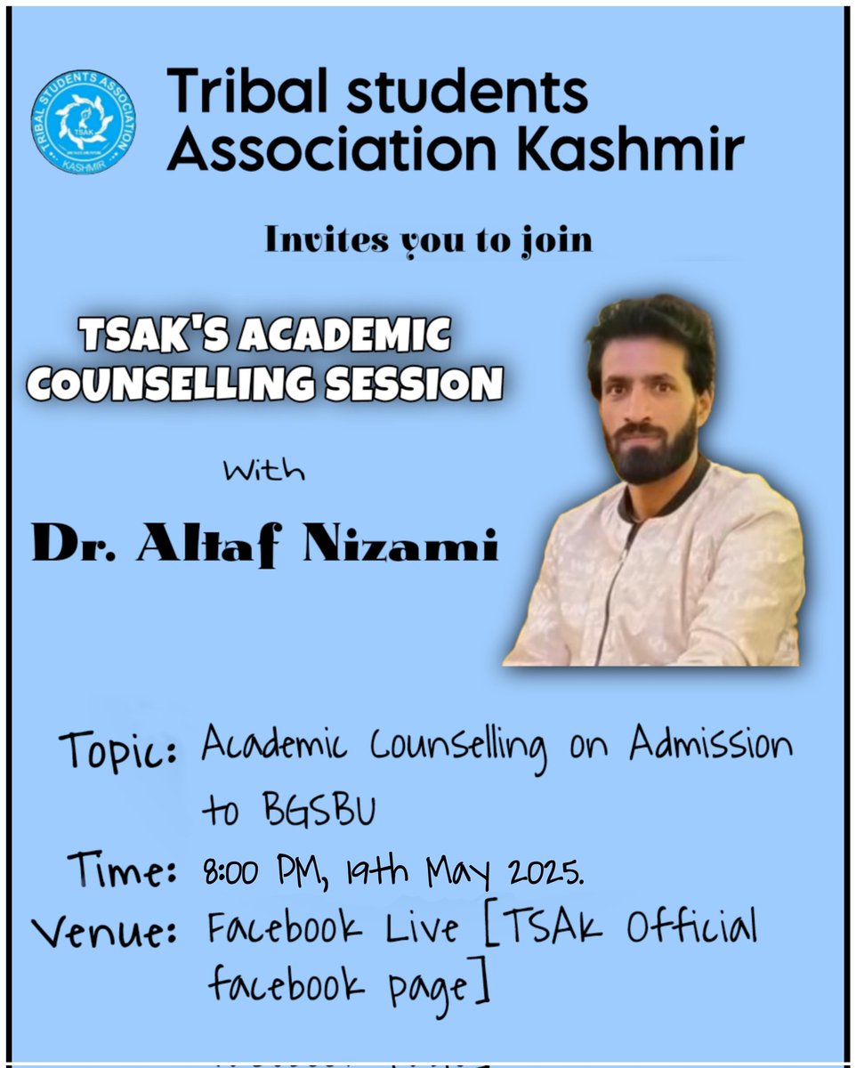 Update Alert! 🚨 

Due to unforeseen circumstances, the academic counselling session with Dr. Altaf Nizami has been rescheduled to 19th May 2025 at 8:00 PM. Join us live on Facebook for insights into BGSBU admissions!