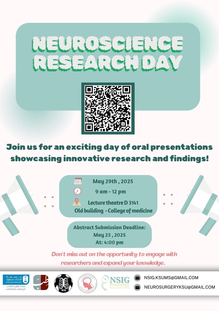 📢 Attention KSU faculty, trainees &amp; students.  

🧠 Join us for Neuroscience Research Day on May 29, 2025.

This is a wonderful platform to present your research projects, exchange ideas, and explore opportunities for collaboration.

🚨 Abstract Submission Deadline: May 23, 2025