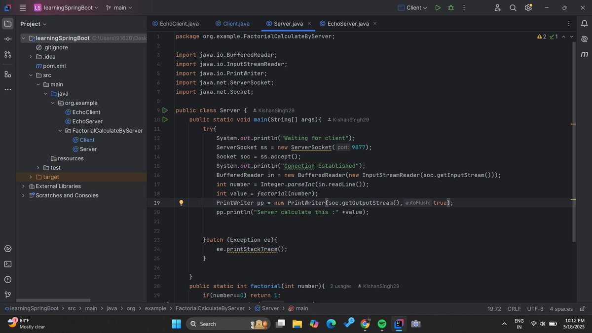 Kishan_Singh_29's tweet image. Day 2. of java backend Mastry.
@SinghDevHub
1.Learn java Socket Programming.
2. built simple Client And Server Interact with java Socket.
#java #javanetworking #Springboot๐๐