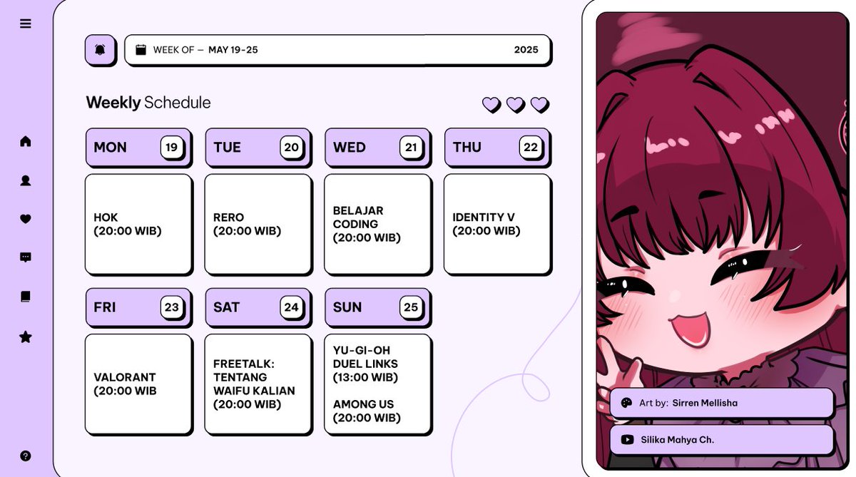 📷HALLOO SEMUAA NYAAA!!!📷

📷 ini Schedule Silika di tanggal 19-25 Mei 2025

[Form spill waifu!]
ini adalah form tentang waifu, nanti di hari sabtu, hihihi, spill waifu kalian dungs, nanti aku rate, gapapa kan ?
docs.google.com/.../1FAIpQLSc_…...
Thank You ~

#silikainfo