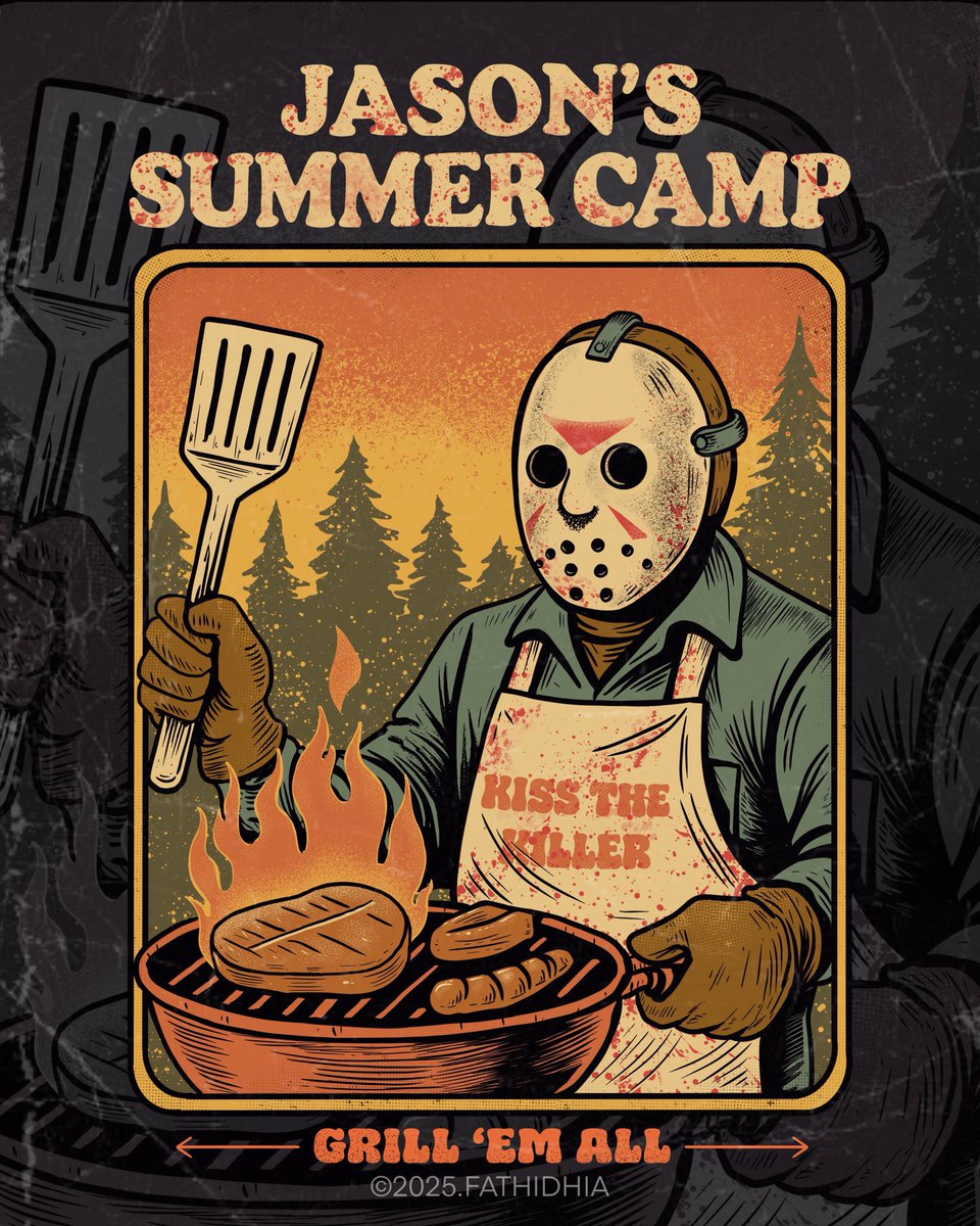 Gm ☕️
“Jason’s summer camp” 
T-shirt available on <a href="/threadless/">Threadless</a> 
⬇️⬇️⬇️
threadless.com/shop/@fathi/de…
#artwork #illustration #parodyshirt #parodymovie #jasonvoorhees #fathidhia #summer #tshirtdesign