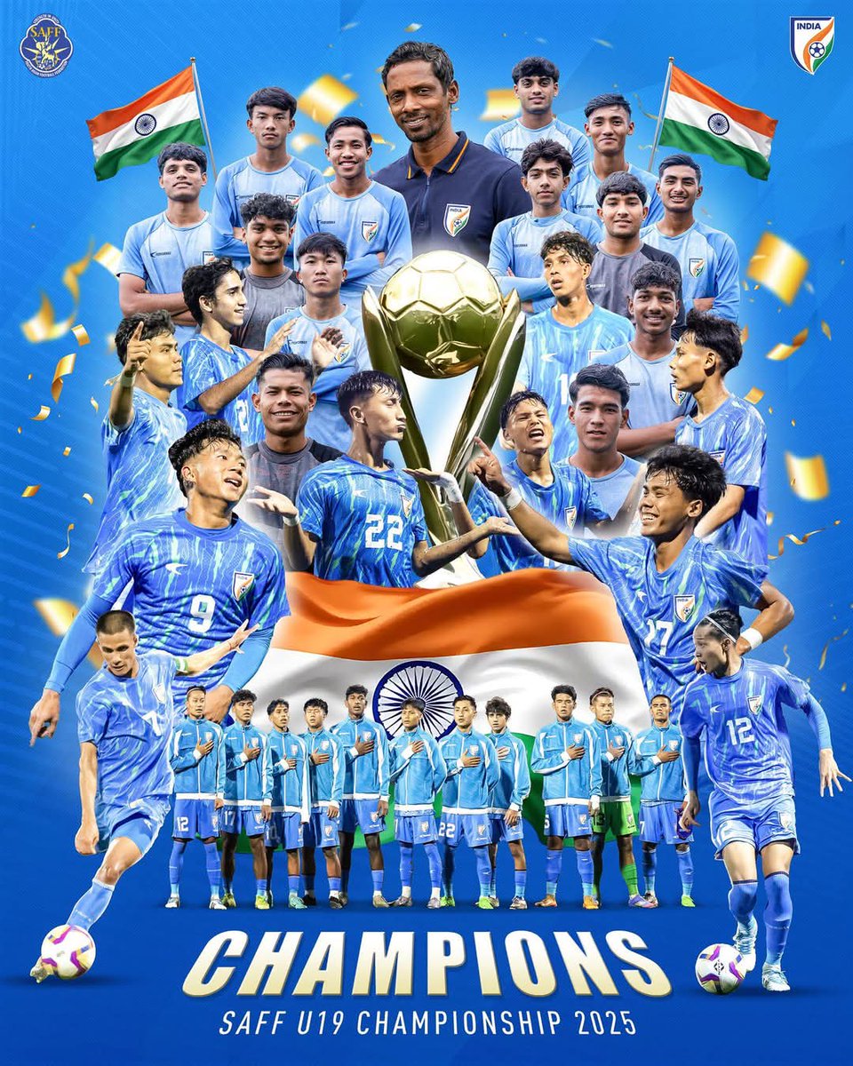 KipaOnam's tweet photo. Heartiest congratulations to our India U-19 Football Team for lifting the SAFF U-19 Championship 2025 title in a nail-biting final against Bangladesh.
From Shami Singamayum’s early free-kick to the nerve-wracking penalty shootout, our boys showed nerves of steel and the spirit. https://t.co/bPJvdTlIag