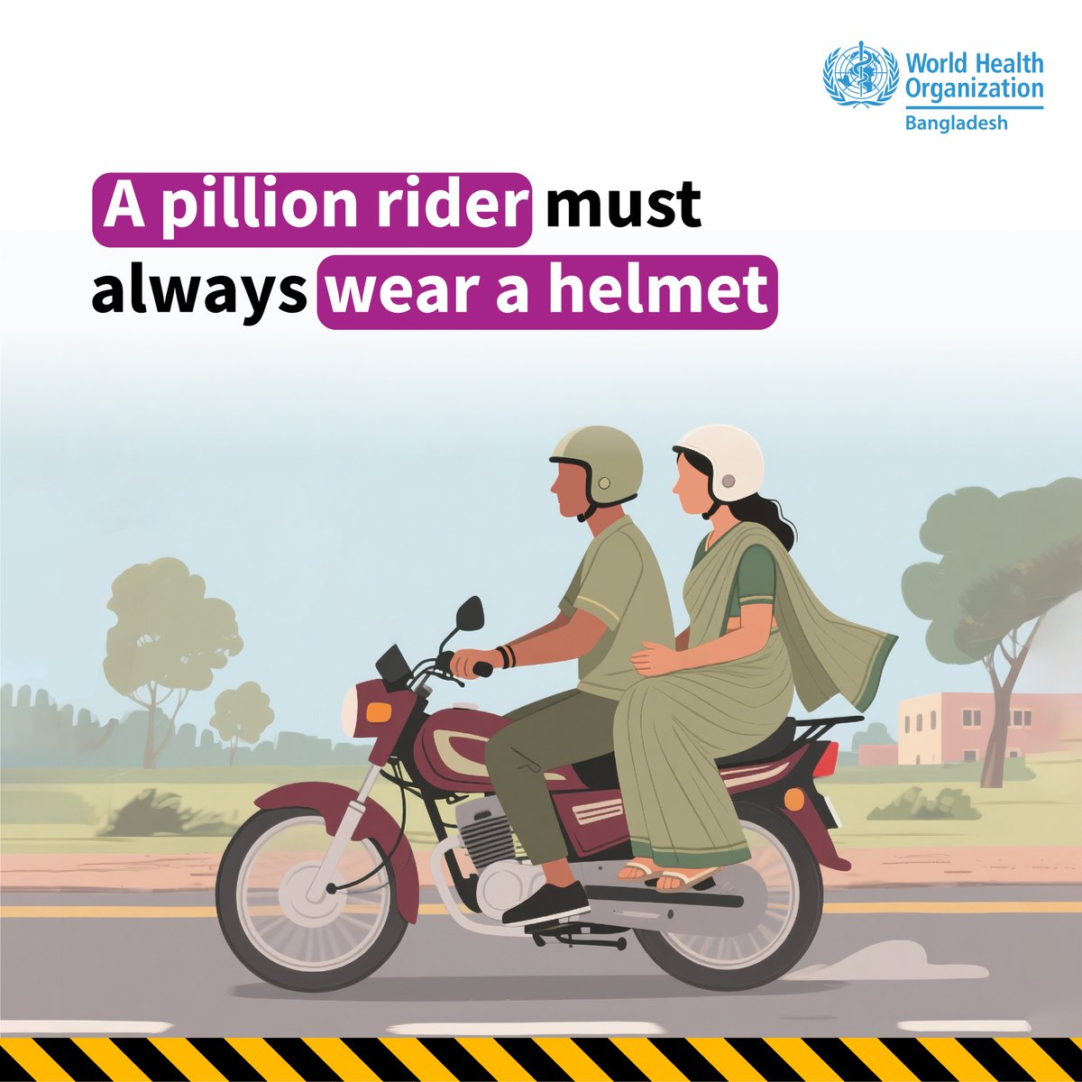 Pillion riders are equally vulnerable in road traffic crashes and must always wear a helmet.
#RoadSafety #DriveSafe #RoadSafetyWeek #StreetsForLife #UNGRSW