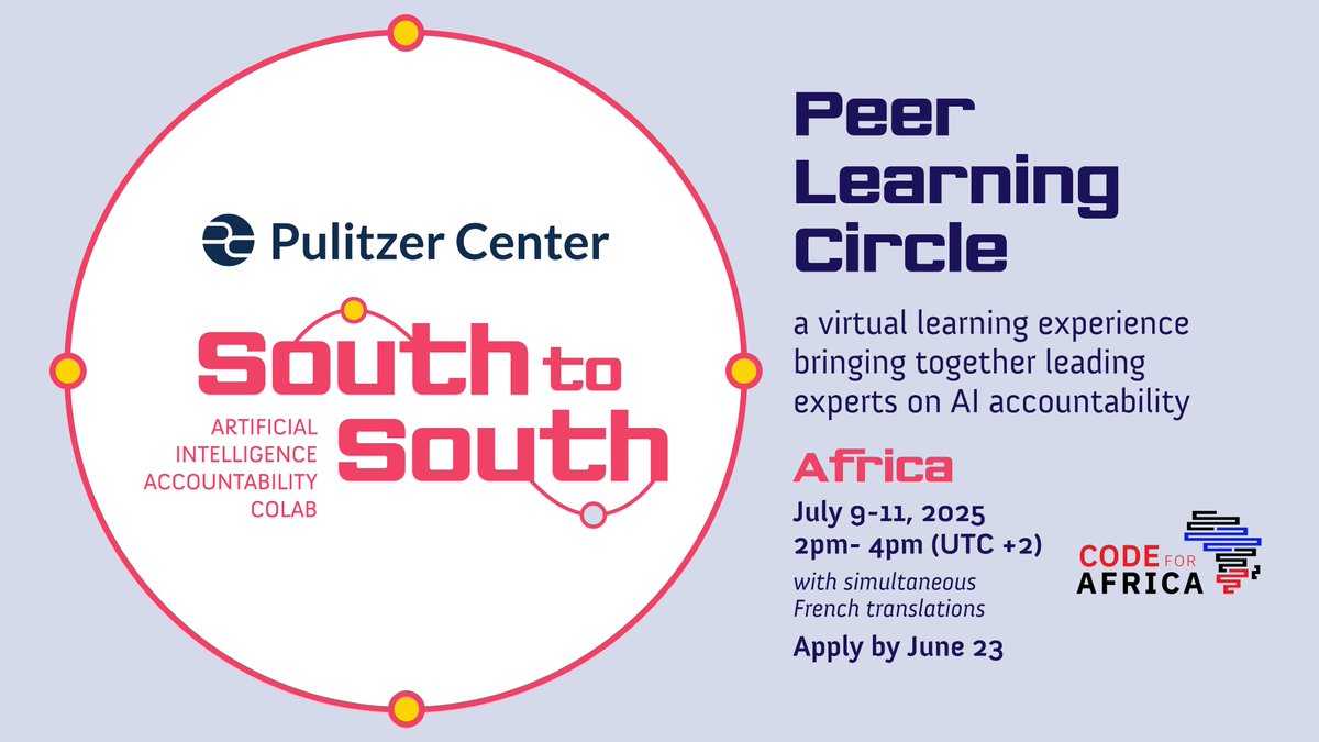 Code for Africa (@code4africa) on Twitter photo Curious about AI harms and governance?
Join the South-to-South AI Accountability CoLab’s Peer Learning Circle led by <a href="/pulitzercenter/">Pulitzer Center</a>, <a href="/Code4Africa/">Code for Africa</a> + partners.
Open to academics, researchers, and civil society.
Apply now: bit.ly/4mfbPkj Curious about AI harms and governance?
Join the South-to-South AI Accountability CoLab’s Peer Learning Circle led by <a href="/pulitzercenter/">Pulitzer Center</a>, <a href="/Code4Africa/">Code for Africa</a> + partners.
Open to academics, researchers, and civil society.
Apply now: bit.ly/4mfbPkj