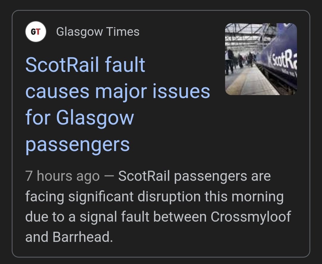 Ricky Goold 🏴🇪🇺 (@graemereaper) on Twitter photo Hi, <a href="/Glasgow_Times/">Glasgow Times</a>, this headline needs to be corrected now. It is NOT a <a href="/ScotRail/">ScotRail</a> fault, but a signal fault, which is the remit of <a href="/networkrail/">Network Rail</a>. This is purely underhand politicking due to Scotrail being a nationalised service. Hi, <a href="/Glasgow_Times/">Glasgow Times</a>, this headline needs to be corrected now. It is NOT a <a href="/ScotRail/">ScotRail</a> fault, but a signal fault, which is the remit of <a href="/networkrail/">Network Rail</a>. This is purely underhand politicking due to Scotrail being a nationalised service.