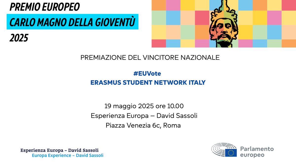 Europarl_IT's tweet photo. 🏆 Premio europeo Carlo Magno della gioventù: premiazione vincitore nazionale 2025 #EUvote @ESNITALIA
📆 19/05 ore 10
📍#EuropaExperience
con gli eurodeputati
Giusi Princi
@MarioFurore
e Maria Cristina Pisani Presidente @CNG_Italia
Più info⤵️
https://t.co/t9sjHmudlz https://t.co/BUYweJgnlU