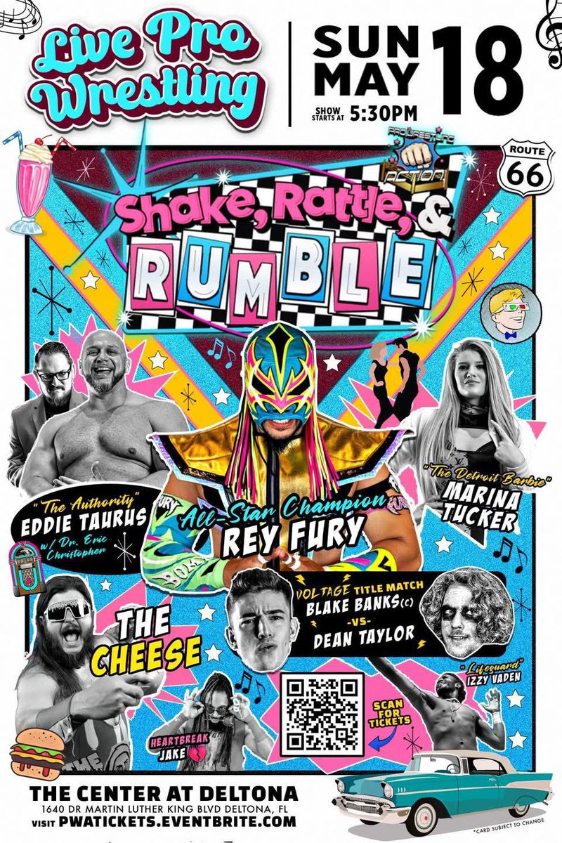 Just a few hrs away until <a href="/PWAEvents/">Pro Wrestling Action 💥</a> presents: Shake, Rattle, &amp; Rumble, live from the <a href="/CenterAtDeltona/">The Center at Deltona</a>!
.
In action: <a href="/ReyFuryOfficial/">Rey Fury</a>, <a href="/Eddietaurus/">The Authority: Eddie Taurus</a> w/<a href="/TheDrEric/">Dr. Eric Christopher</a>, <a href="/lexi_gomez_/">𝓛𝓮𝔁𝓲 𝓖𝓸𝓶𝓮𝔃</a> &amp; more!
.
Use code “SOCIAL” for a discount &amp; get those last minute tix, NOW!
🎟️ PWATICKETS.EVENTBRITE.COM