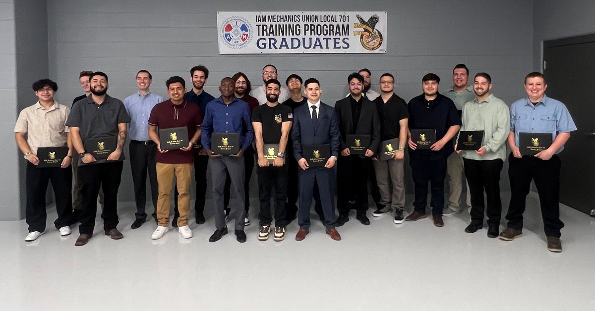 IAM701Training's tweet photo. On Sunday, May 4, 2025, the Veterans Hall filled with proud family and friends to celebrate the latest Diesel Power and Automotive Technology program grads. A total of 20 students graduated from the program—all of whom are currently working under a Local 701 contract.
Congrats! https://t.co/MN5uUMWYjB